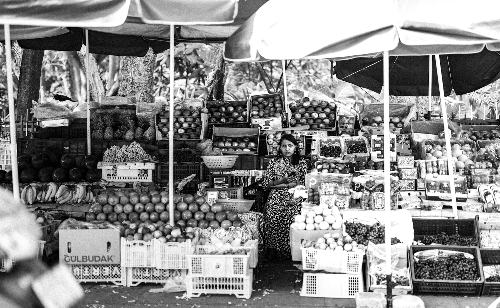 A woman running a fruit and vegetable market stall