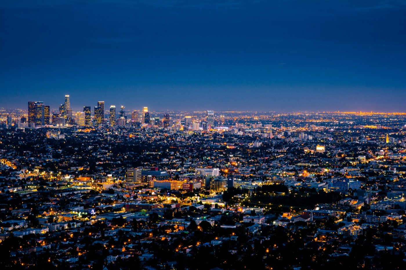 A city skyline lit up at night