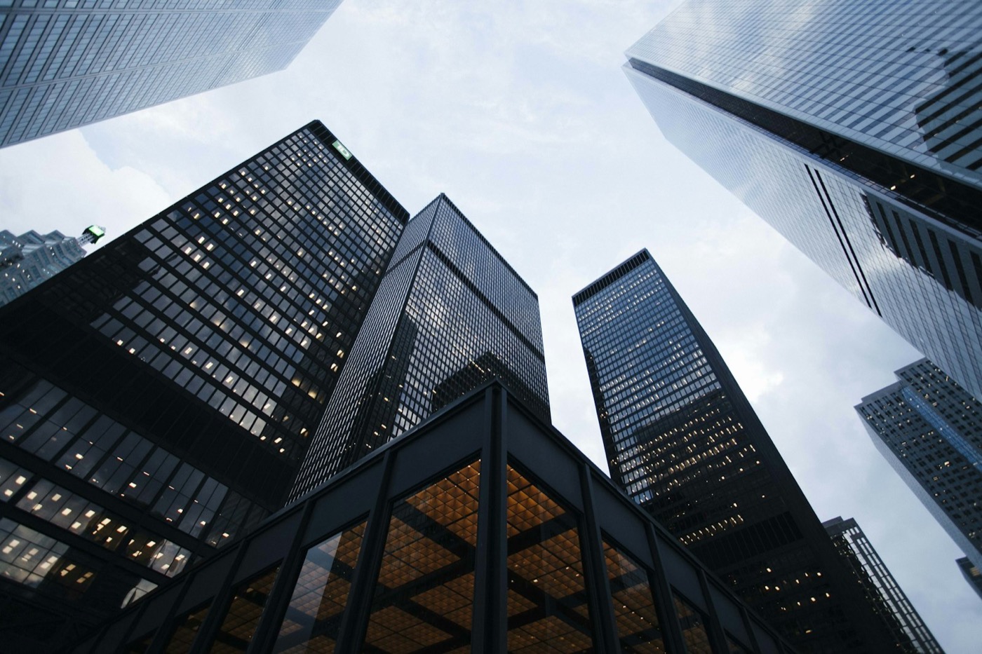Skyscrapers seen from below against the sky